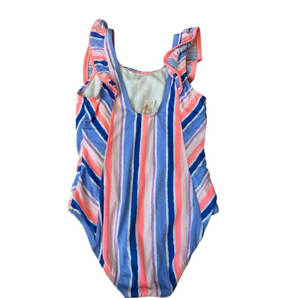 Cat & Jack Swimsuit Girls Large Pink Multicolor Striped Ruffle Sleeve Spring - Picture 2 of 6